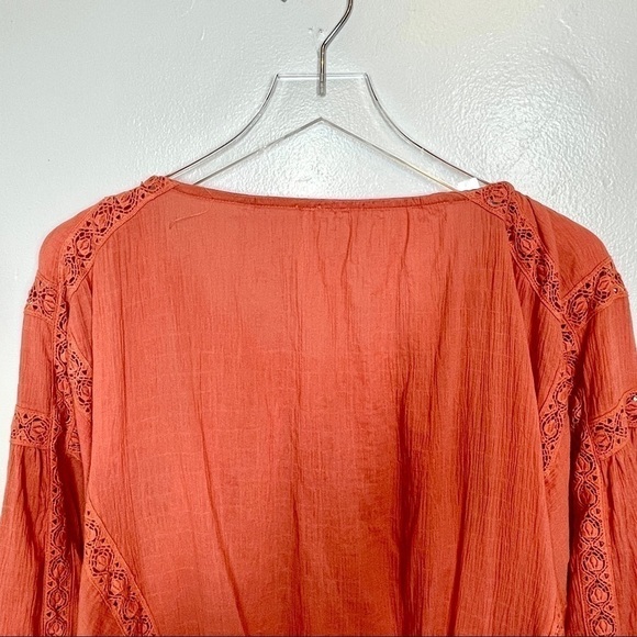 Free People Terra Cotta Maria Maria Top Ribbon Tie Gathered Waist Embroidery M - Picture 15 of 15